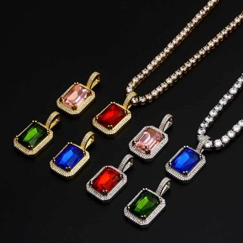 Popular hip-hop jewelry from Europe and America, square colored gemstone pendant necklace with micro inlaid zircon trendy brand men's pendant