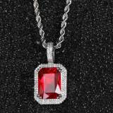 Popular hip-hop jewelry from Europe and America, square colored gemstone pendant necklace with micro inlaid zircon trendy brand men's pendant