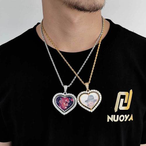 Cross border hip-hop from Europe and America, double-sided heart, rotatable photo pendant, copper inlaid zircon frame, men's necklace jewelry, women's