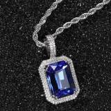 Popular hip-hop jewelry from Europe and America, square colored gemstone pendant necklace with micro inlaid zircon trendy brand men's pendant