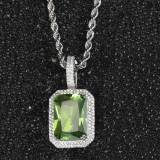 Popular hip-hop jewelry from Europe and America, square colored gemstone pendant necklace with micro inlaid zircon trendy brand men's pendant