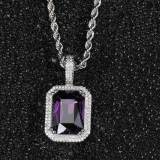 Popular hip-hop jewelry from Europe and America, square colored gemstone pendant necklace with micro inlaid zircon trendy brand men's pendant