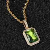 Popular hip-hop jewelry from Europe and America, square colored gemstone pendant necklace with micro inlaid zircon trendy brand men's pendant