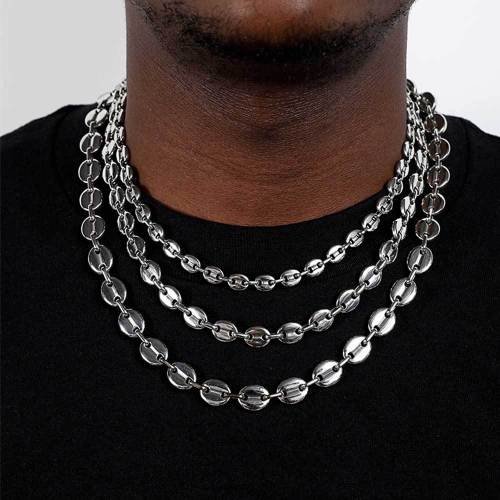 Cross border European and American hip-hop 8mm coffee bean necklace, lobster buckle, stainless steel pig nose chain, wholesale of men's jewelry