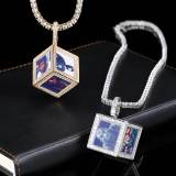 New Hip Hop Jewelry from Europe and America, Square Memory Photo Pendant with Micro Set Zircon DIY Personalized Photo Frame Necklace