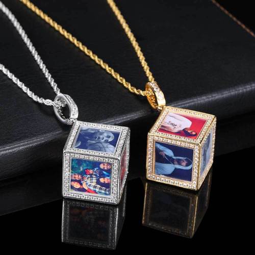 New Hip Hop Jewelry from Europe and America, Square Memory Photo Pendant with Micro Set Zircon DIY Personalized Photo Frame Necklace