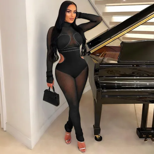 Cross border European and American women's clothing autumn and winter new mesh splicing hot diamond perspective sexy tight lifting buttocks jumpsuit