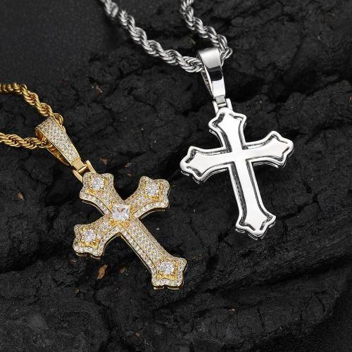 European and American cross-border hip-hop full diamond cross pendant with micro inlaid zircon retro internet celebrity men's pendant necklace wholesale