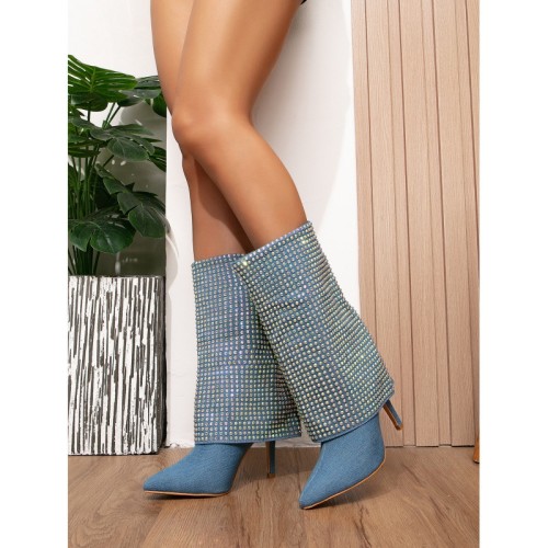 Autumn and Winter New Heavy Industry Cowboy Water Diamond High Heel Boots Fashionable Slender Heel Boots Sharp Head Slimming Long Boots for Women