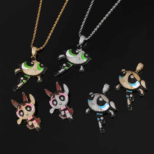 Wholesale of European and American hip-hop cartoon anime flying female police pendant trendy brand copper inlaid zircon men's pendant necklaces