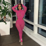 Cross border European and American women's clothing autumn and winter new mesh splicing hot diamond perspective sexy tight lifting buttocks jumpsuit