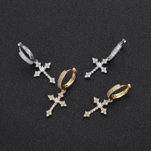 Cross border hot selling silver needle inlaid zirconium cross earrings for men and women, personalized earrings for street trendy hip-hop and rap accessories