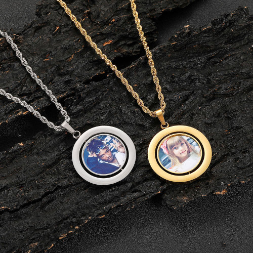 Cross border European and American hip-hop stainless steel double-sided rotating circular photo pendant DIY creative photo frame men's and women's necklace jewelry
