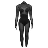 Cross border European and American women's clothing autumn and winter new mesh splicing hot diamond perspective sexy tight lifting buttocks jumpsuit