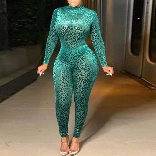 Cross border supply from Europe and America, large-sized women's clothing in autumn and winter, long sleeved leopard print with fat printing, long sleeved casual anti glare jumpsuit
