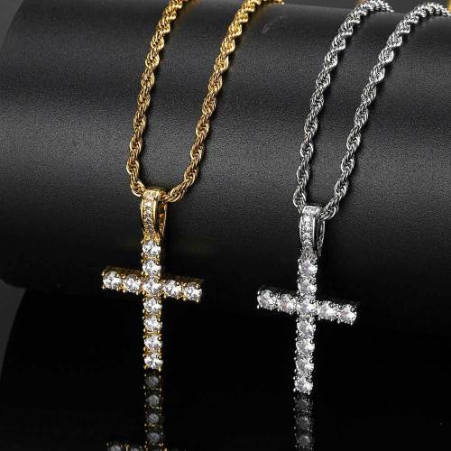 European and American hip-hop micro inlaid zircon solid small cross pendant with genuine gold electroplating trend hiphop men's necklace
