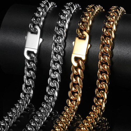 Hot selling stainless steel round ground Cuban chain trendy brand hip-hop smooth buckle Miami titanium steel necklace bracelet jewelry in Europe and America