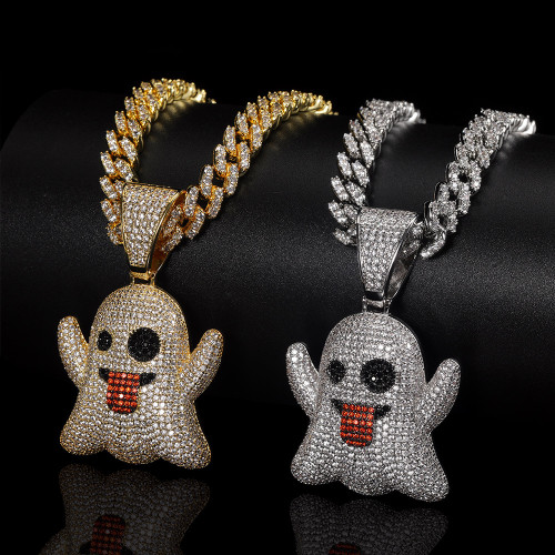 European and American hip-hop oversized tongue sticking funny expression ghost pendant with micro inlaid zircon trendsetter hiphop necklace jewelry