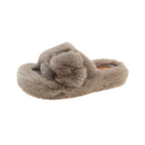 International Station Autumn and Winter New One line Buckle Plush and Warm Plush Slippers Fashionable and High end Wearing Mesh Red Cotton Shoes