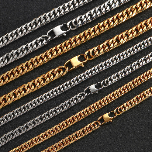Wholesale of European and American hip-hop titanium steel necklaces, denim buckles, six sided ground Cuban chains, genuine gold electroplated stainless steel men's bracelets