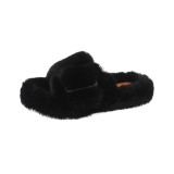 International Station Autumn and Winter New One line Buckle Plush and Warm Plush Slippers Fashionable and High end Wearing Mesh Red Cotton Shoes