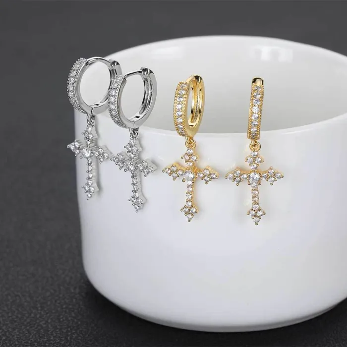 Cross border hot selling silver needle inlaid zirconium cross earrings for men and women, personalized earrings for street trendy hip-hop and rap accessories