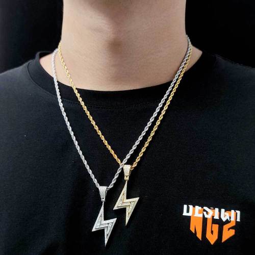 European and American hip-hop mixed set T-shaped zircon lightning pendant with genuine gold electroplated hiphop, personalized and trendy men's and women's necklaces