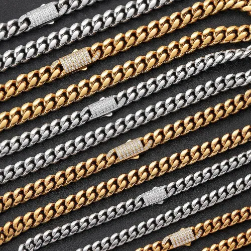 Wholesale of European and American stainless steel round ground Cuban chain necklaces, trendy hip-hop with diamond inlaid buttons, titanium steel men's bracelets, jewelry
