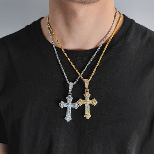 European and American cross-border hip-hop full diamond cross pendant with micro inlaid zircon retro internet celebrity men's pendant necklace wholesale