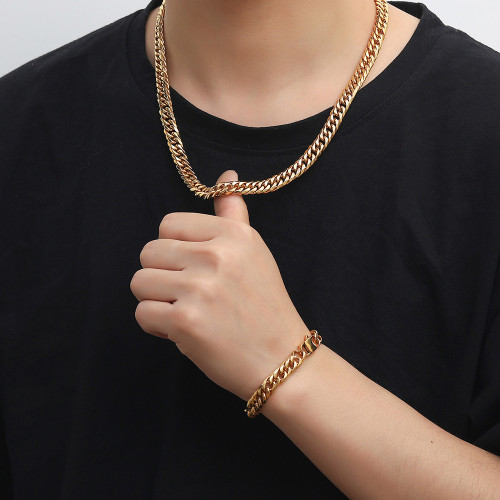 Wholesale of European and American hip-hop titanium steel necklaces, denim buckles, six sided ground Cuban chains, genuine gold electroplated stainless steel men's bracelets