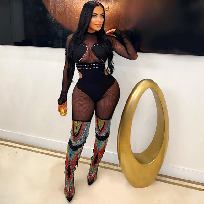 Cross border European and American women's clothing autumn and winter new mesh splicing hot diamond perspective sexy tight lifting buttocks jumpsuit