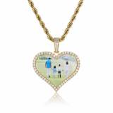 European and American hip-hop love photos necklace cross-border jewelry copper inlaid zircon men's DIY personalized heart-shaped photo frame pendant