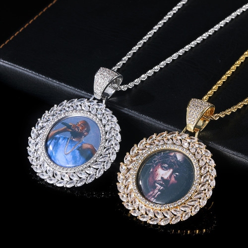 European and American hip-hop wheat ear circular frame pendant trendy brand personalized copper inlaid zircon commemorative photo pendant necklace wholesale