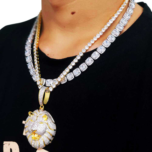 European and American hip-hop micro inlaid zircon solid lion head pendant with genuine gold electroplating trendy hip-hop men's necklace accessories