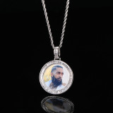 Cross border European and American hip-hop memory photo pendant with copper inlaid T-shaped zircon trendsetter circular photo frame necklace, one for shipping