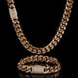 European and American hip-hop accessories 12mm stainless steel round ground encrypted Cuban chain with zircon flip buckle titanium steel necklace bracelet