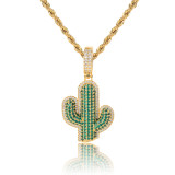 European and American hip-hop micro inlaid zircon solid cactus men's pendant with genuine gold electroplated street fashion label hiphop necklace
