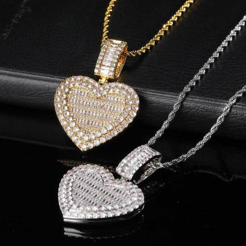 European and American hip-hop oversized flip heart photo pendant with copper inlaid zircon trendy brand personalized men's photo frame pendant necklace