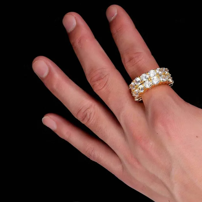 Cross border European and American hip-hop jewelry double row zircon ring trendy brand fashion full diamond 18K gold men's ring wholesale