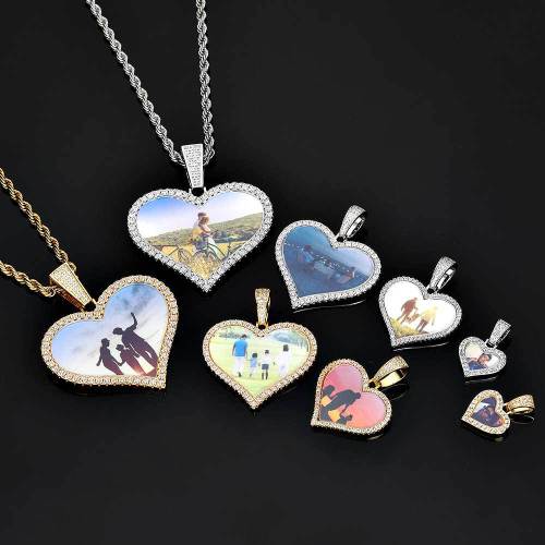 European and American hip-hop love photos necklace cross-border jewelry copper inlaid zircon men's DIY personalized heart-shaped photo frame pendant