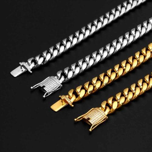 European and American hip-hop stainless steel 12mm diamond studded buckle, round ground encrypted Cuban chain, genuine gold electroplated titanium steel necklace bracelet