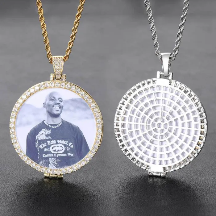 European and American hip-hop pendants with micro inlaid zircon trendsetter flip covers, circular photo frames, necklaces, hip-hop jewelry manufacturers, direct sales