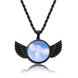 European and American hip-hop stainless steel photo pendant DIY creative wings circular photo frame men's necklace jewelry wholesale
