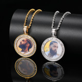 Cross border European and American hip-hop memory photo pendant with copper inlaid T-shaped zircon trendsetter circular photo frame necklace, one for shipping