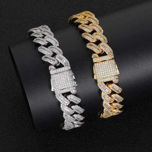 European and American hip-hop 12mm spring buckle mixed with zircon Cuban necklace trendy brand personalized men's bracelet jewelry wholesale