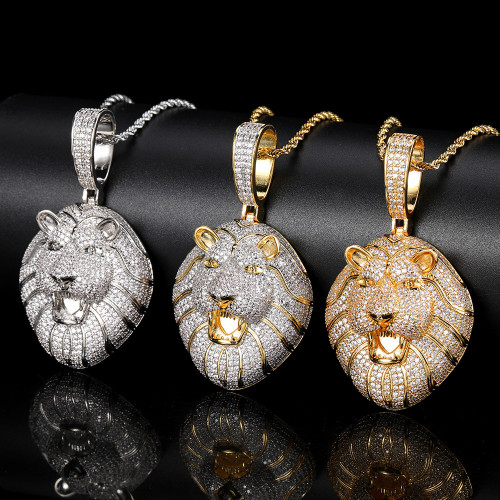 European and American hip-hop micro inlaid zircon solid lion head pendant with genuine gold electroplating trendy hip-hop men's necklace accessories