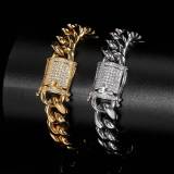 European and American hip-hop stainless steel 12mm diamond studded buckle, round ground encrypted Cuban chain, genuine gold electroplated titanium steel necklace bracelet