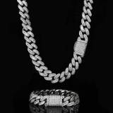 Wholesale of 15mm European and American mixed inlaid T-shaped zircon Miami Cuban chain trendy hip-hop jewelry men's necklaces and bracelets