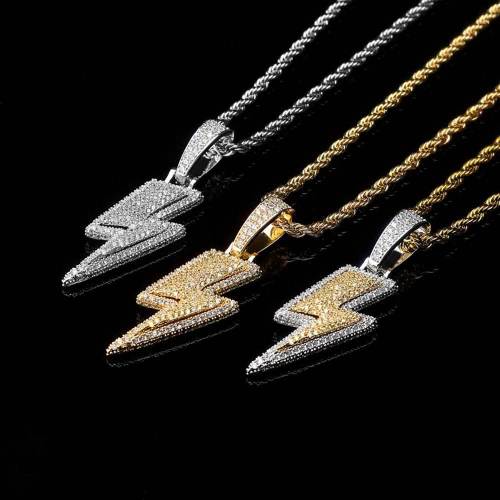 European and American hip-hop dual color lightning pendant necklace with genuine gold electroplated copper inlaid zircon personality hiphop men's necklace