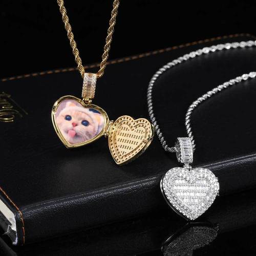 Cross border European and American hip-hop small size flip heart photo pendant copper inlaid zircon trendy brand personalized photo frame men's necklace